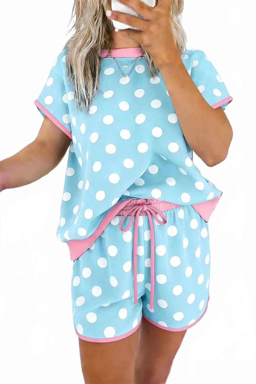 NEW SHEWIN polka dot contrast edge casual shorts set in blue